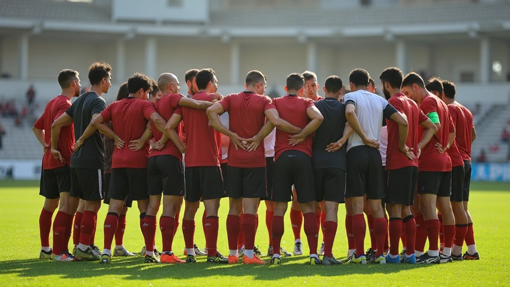 فريق كرة قدم يقف معاً قبل بداية مباراة الفريق على الملعب الأخضر