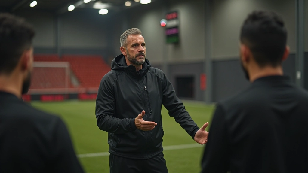مدرب كرة قدم يشرح الاستراتيجيات التكتيكية للاعبيه على السبورة